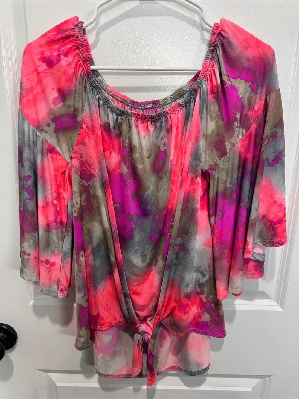 Emerald Tie-Front Blouse in Pink, Magenta & Gray